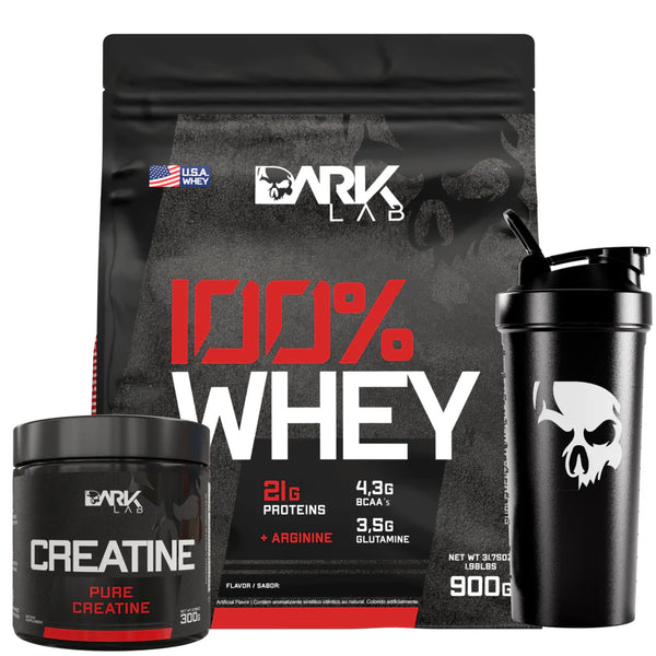 Kit Iniciante: 100% Whey Protein Refil 900 + Creatina Pura 300g + Coqueteleira Caveira Preta 700ml